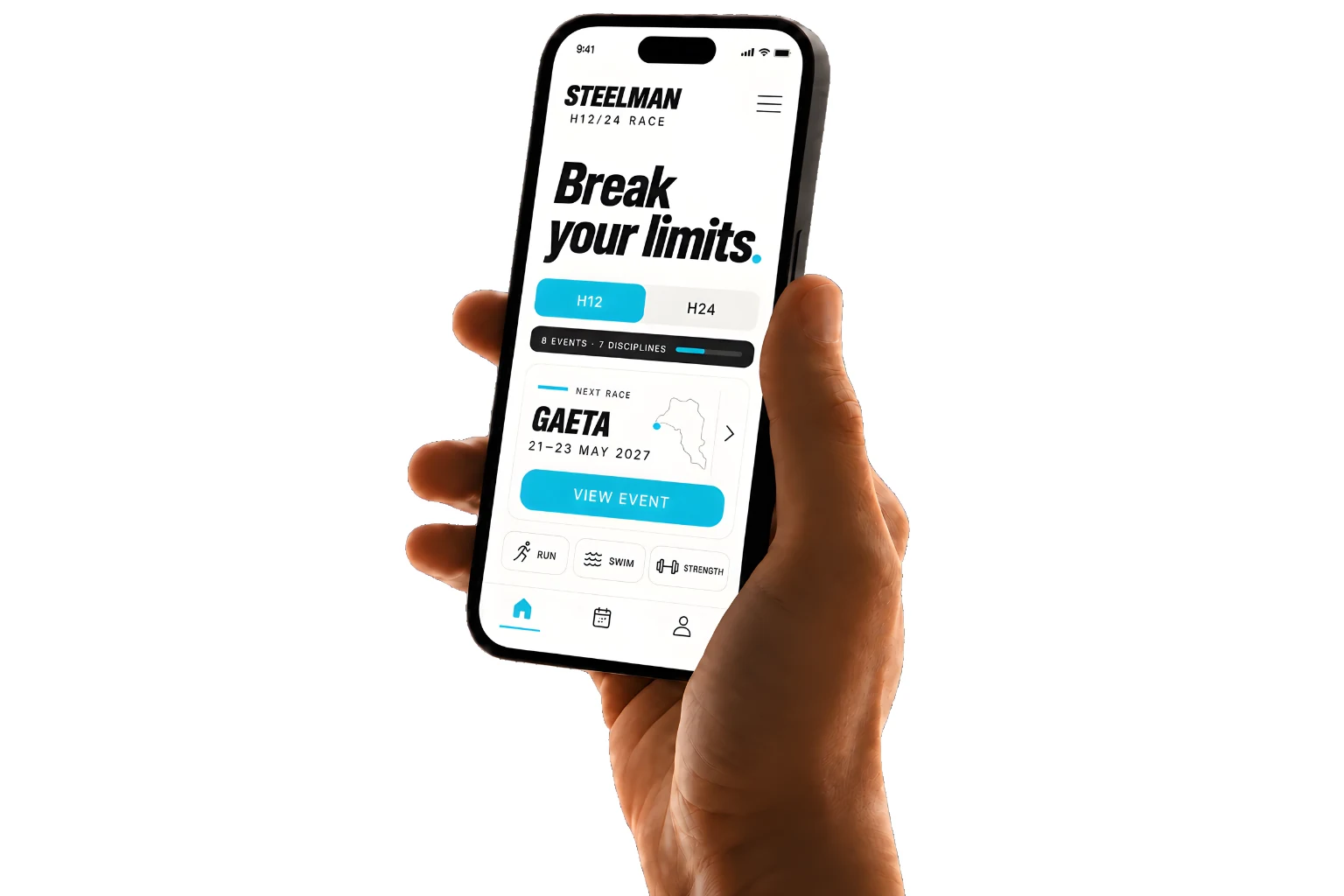 En hånd, der holder en smartphone med Steelmans løbsapp.